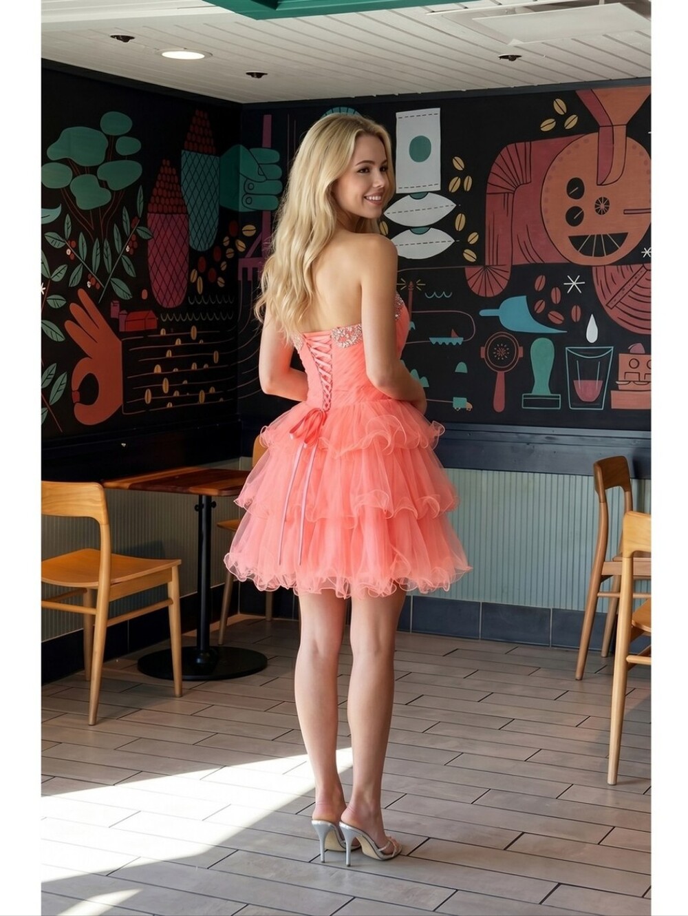 Strapless Coral Ruffle Tulle Party Dress for Girls